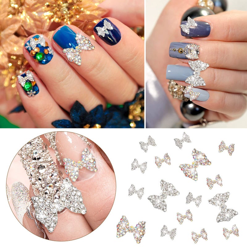 Maitys 24 Pieces Nail Bows Charms Rhinestones 3D Charms Alloy Pearl Bow Knot Accessory for Valentine's Day Women DIY Xmas Salon Jewelry Craft(Silver, Laser) - Image 3